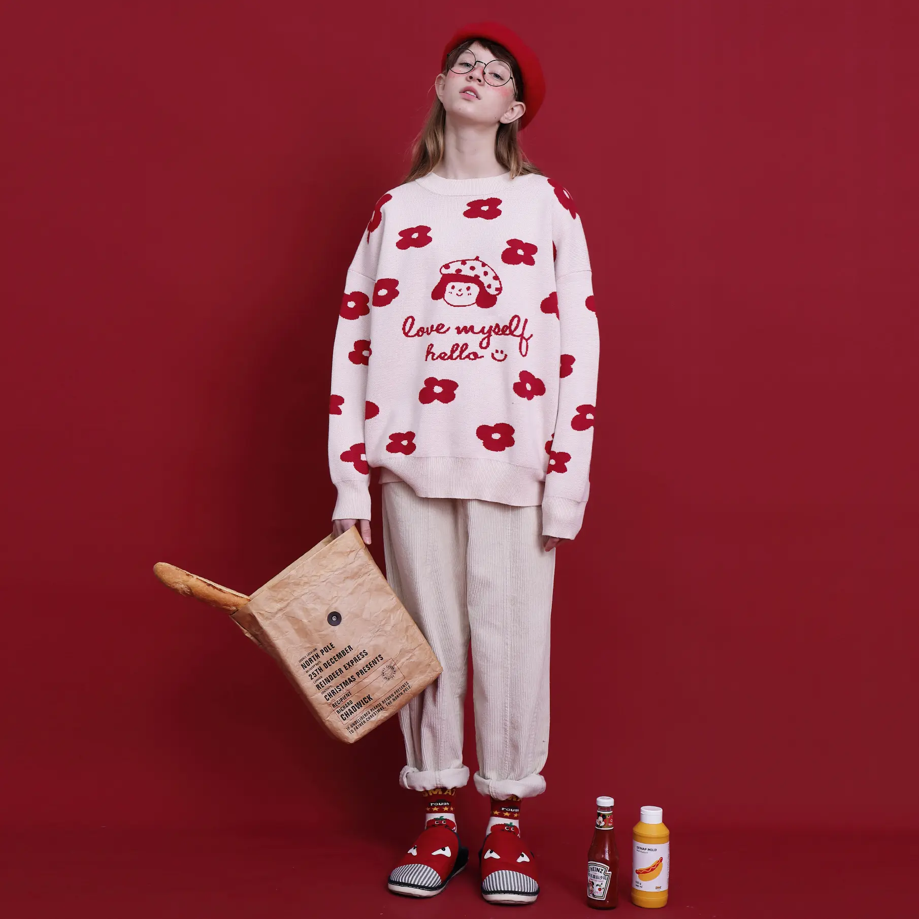 Cartoon jacquard print design girl sweater