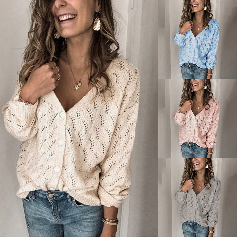 Crocheted V-neck single-breasted knitted cardigan