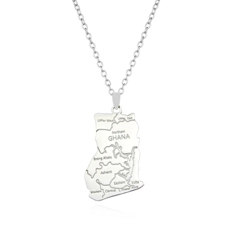 Africa Ghana map pendant necklace choker sweater chain jewelry - Silver