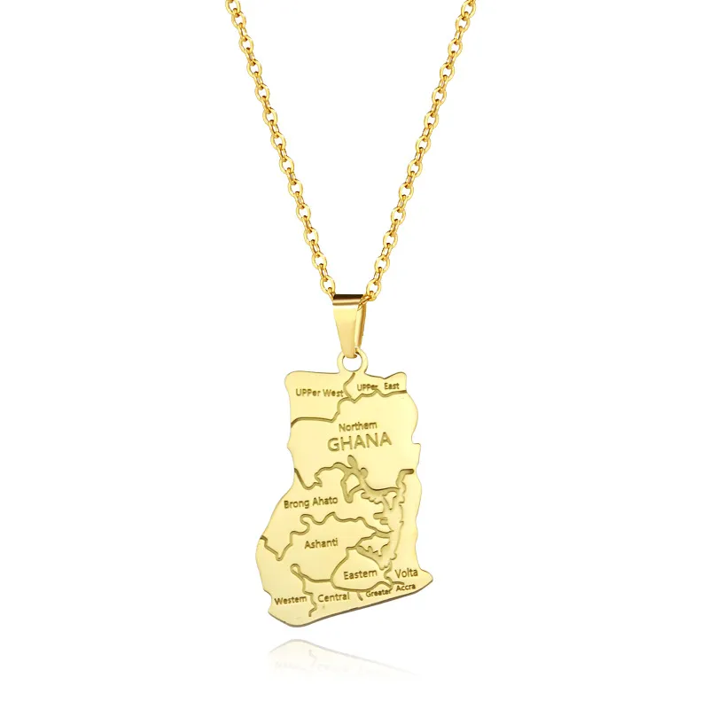 Africa Ghana map pendant necklace choker sweater chain jewelry - Gold
