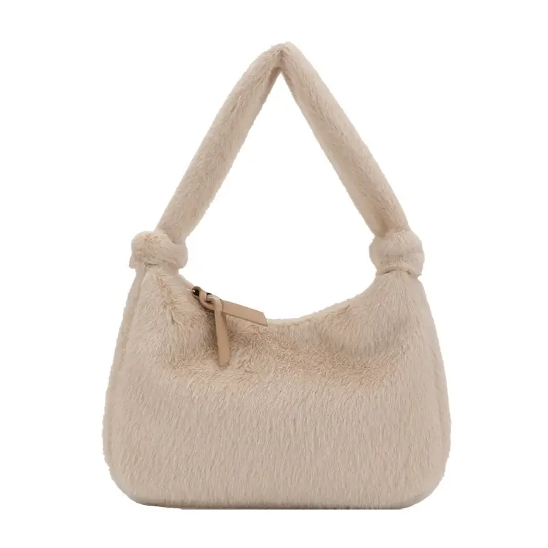Furry Mini Handbag for Women, Plush Shoulder Bag with Zipper Closure