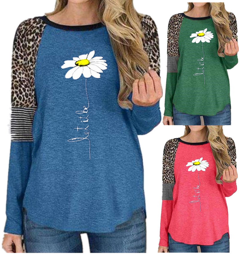 Patchwork leopard print casual T-shirt