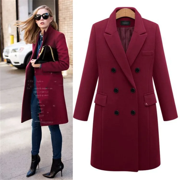 Medium length woolen coat - Wine Red