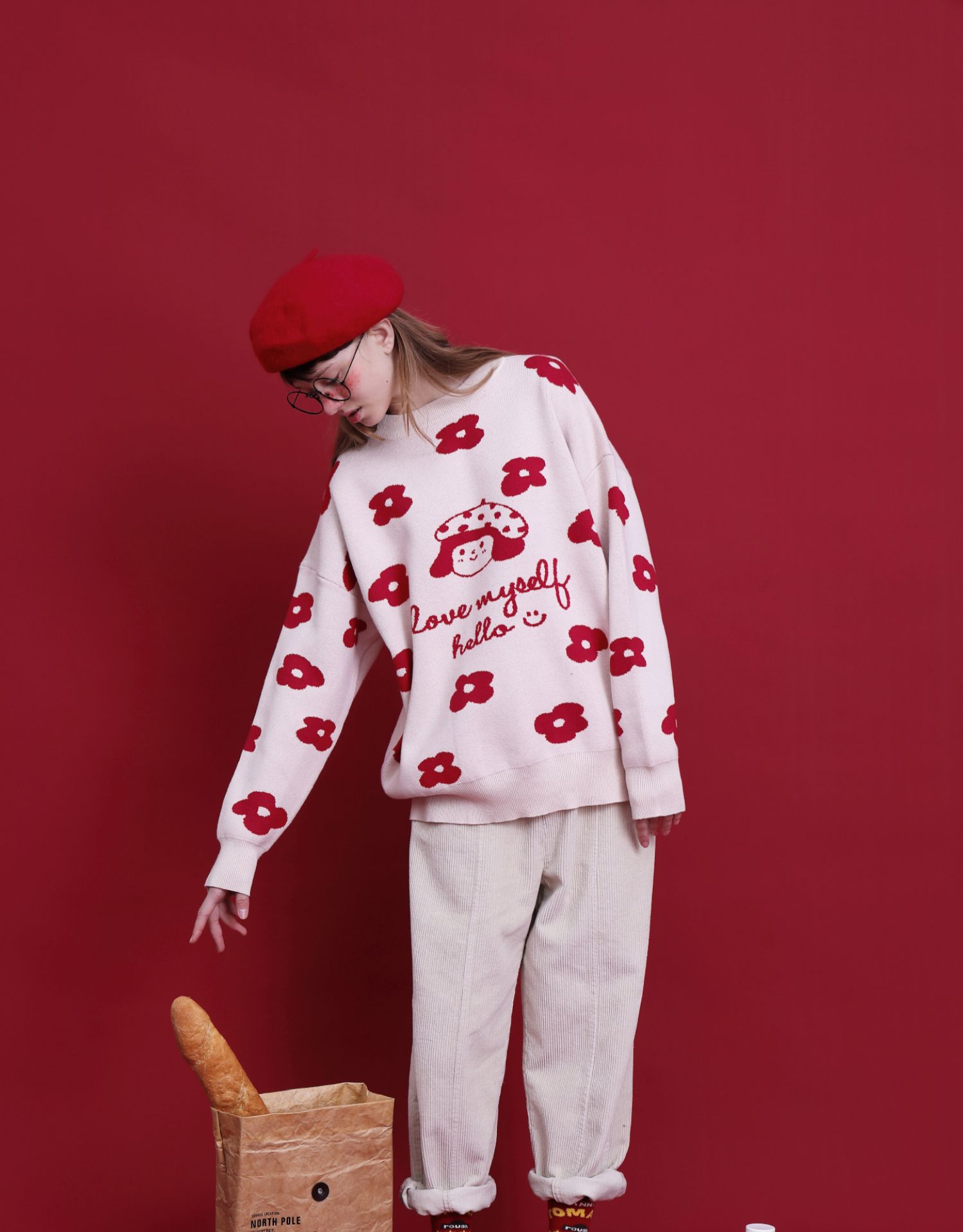 Cartoon jacquard print design girl sweater