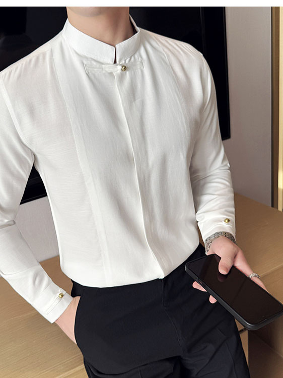 Men's Solid Color Stand Collar Long-sleeved Shirt