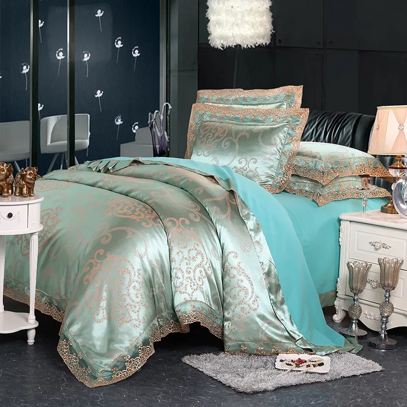 Four-Piece Cotton Bedding With European Style Jacquard Satin - Peacock Blue