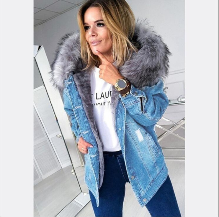 Fur Collar Denim Stitching Jacket Plus Velvet Padded Coat Slim Fit