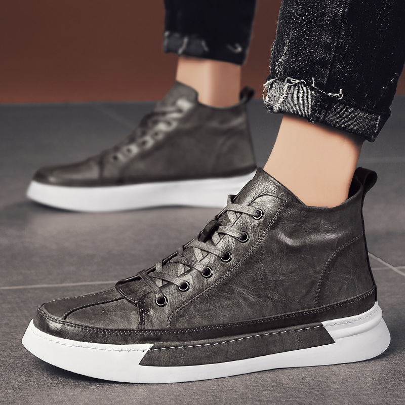 All-match Brown Men's High-top Casual Leather Shoes