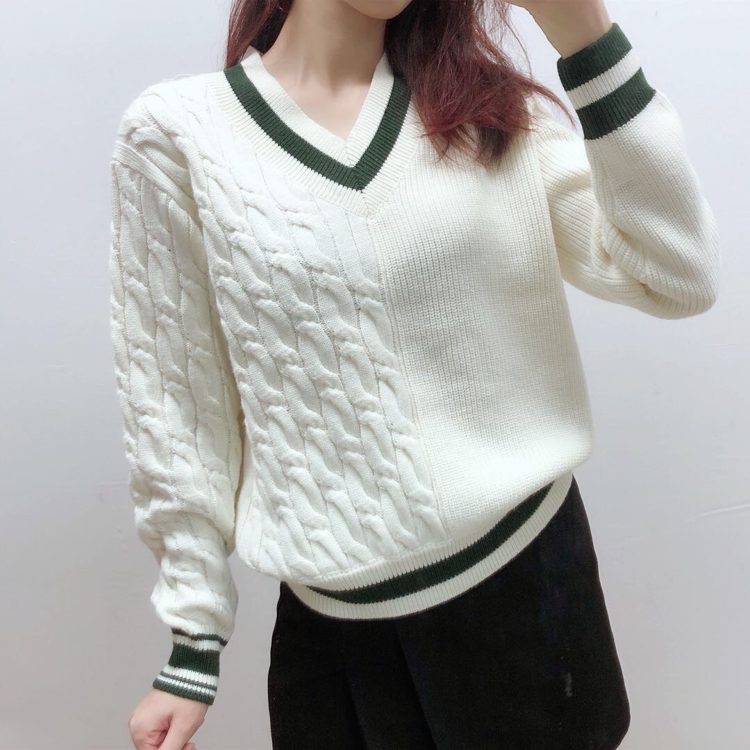 French Loose Stitching Twist V-neck Contrast Wool Sweater