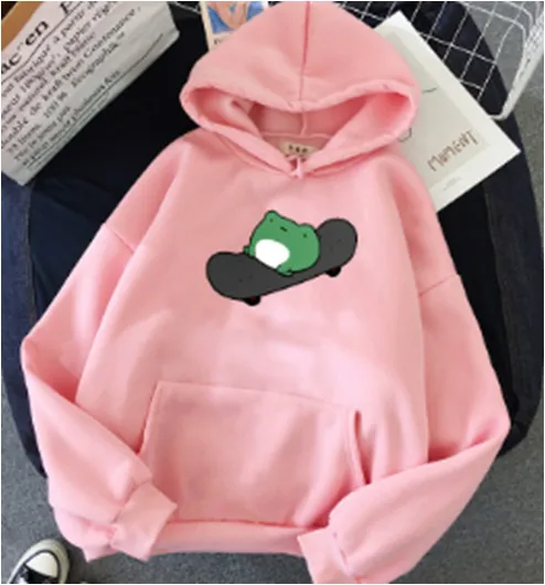Skateboard Frog Long sleeved Fleece Sweatshirt Shrimp Powder S - Shop at LoveMi