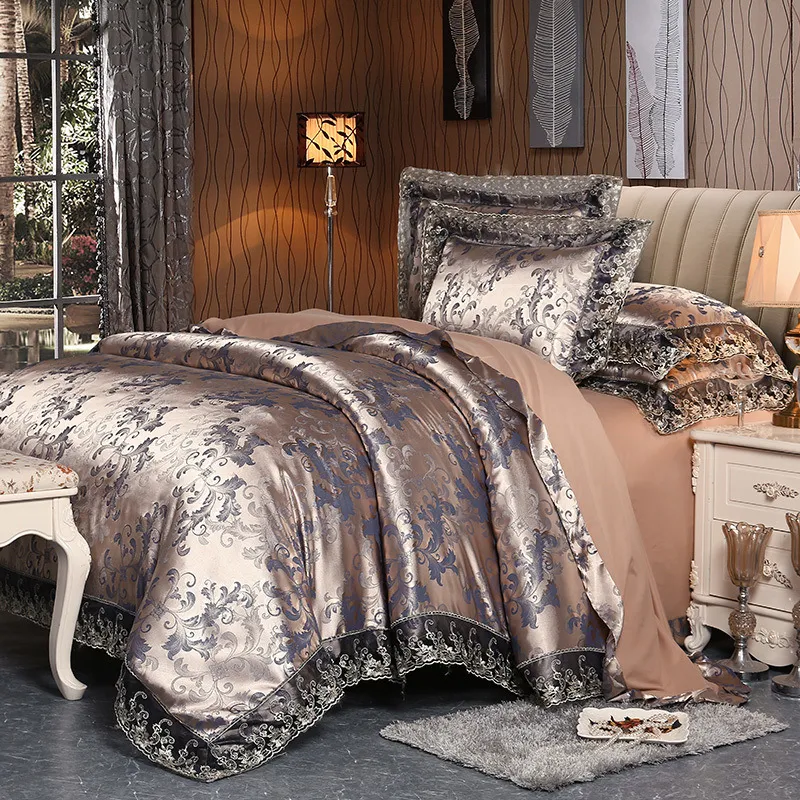 Four-Piece Cotton Bedding With European Style Jacquard Satin - Golden Gray