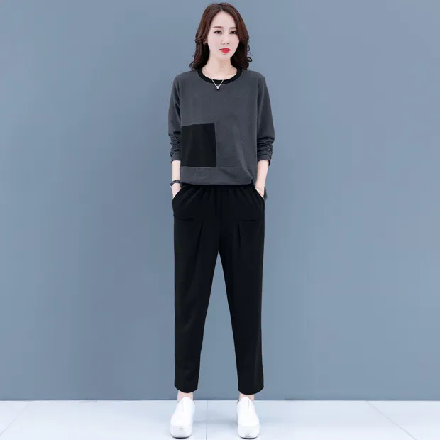 Age Reducing Cashmere Plus Size Casual All Match Sweater Two Piece Suit Black - Shop at LoveMi
