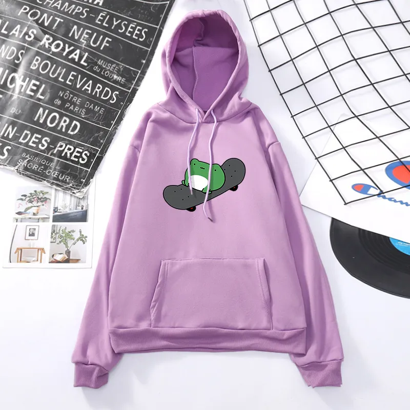 Skateboard Frog Long-sleeved Fleece Sweatshirt - Purple