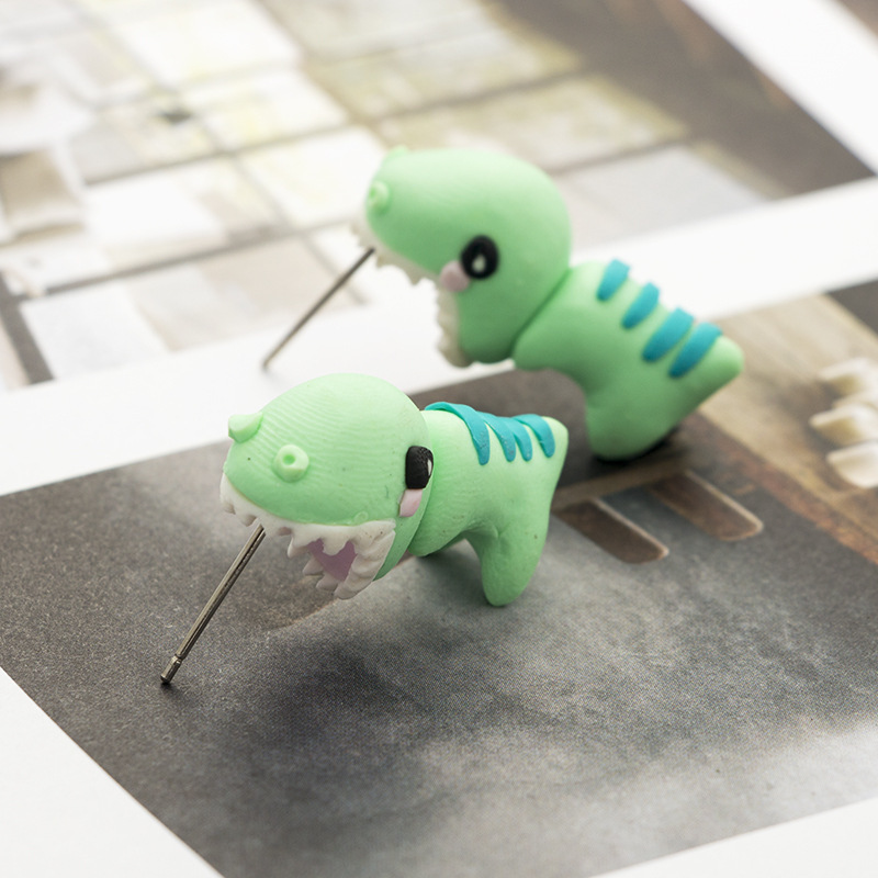 Handmade Tyrannosaurus Rex Cute Blue Soft Pottery Earrings