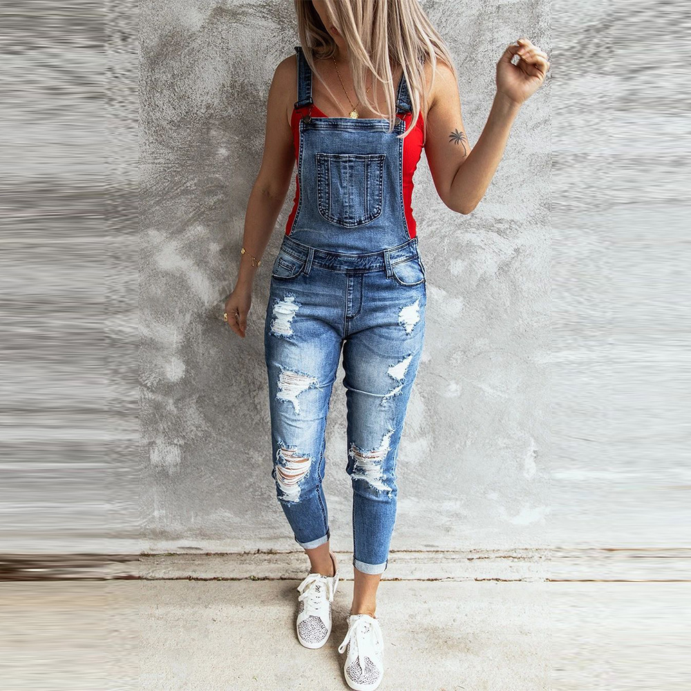 Summer New Style Women's Fashion Ripped Elastic Jeans Strap Trousers Blue - Shop at LoveMi