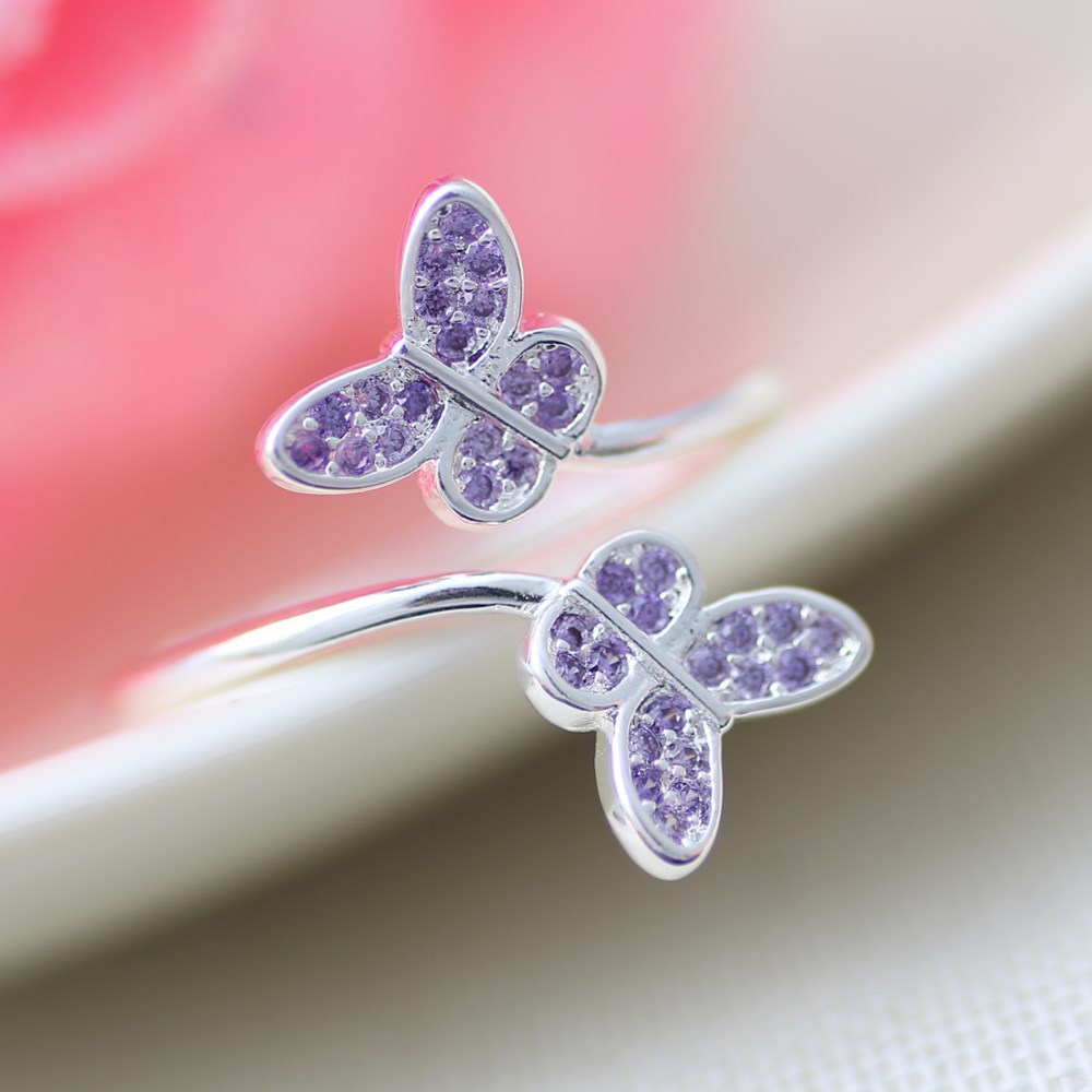 Fashionable Diamond Adjustable Purple Butterfly Ring