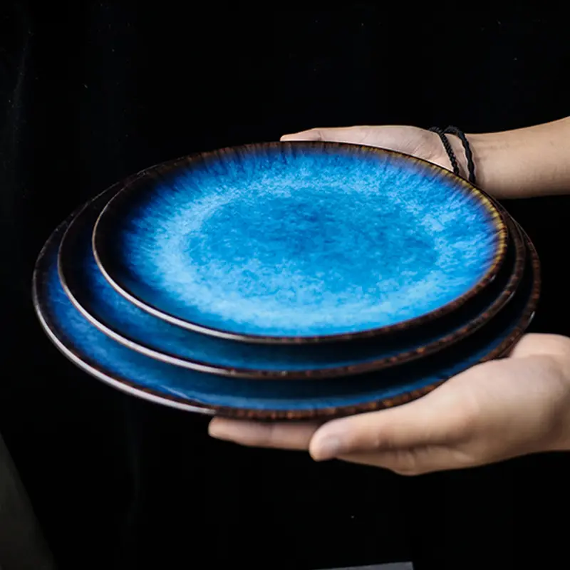 Creative Household Blue Ceramic Plate Tray Retro Tableware