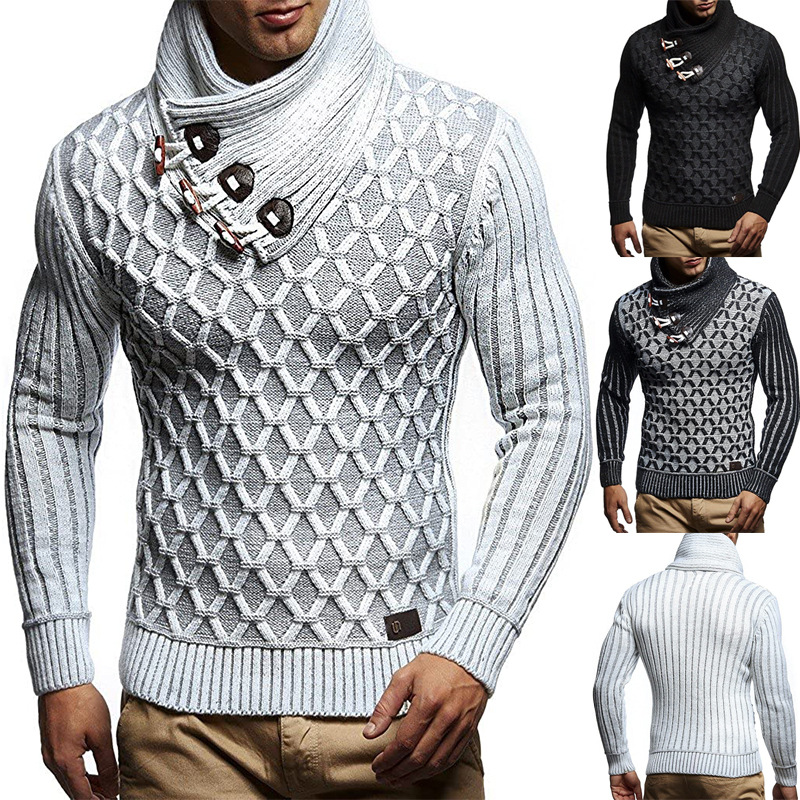 Men's Leather Button Turtleneck Knitted Sweater Pullover