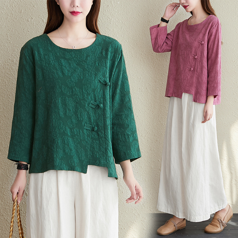 Retro Button Jacquard Cotton And Linen Shirt Suit