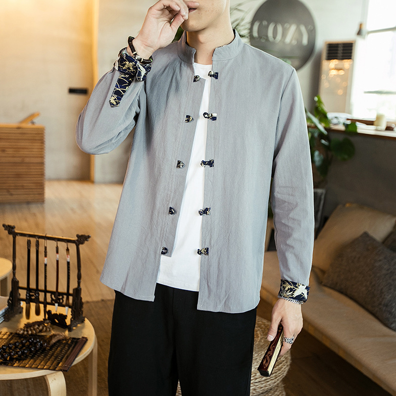 Chinese Style Cotton And Linen Retro Button Long Sleeve Shirt