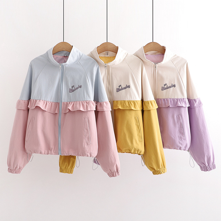 Harajuku Style Sweet Embroidered Lace Color Block Coat