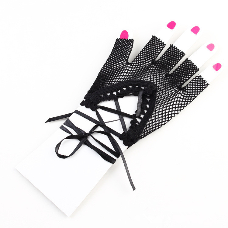 Cross-cut Fishnet Half-finger Gloves With Ribbon