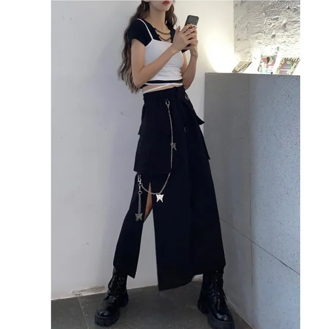 Black High Split Skirt Women's Mid Length Summer New High Waist A Line Skirt Black With Chain - Shop at LoveMi