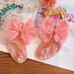Cute Big Bow Girl In Tube Knitted Cotton Socks - Pink - View 1