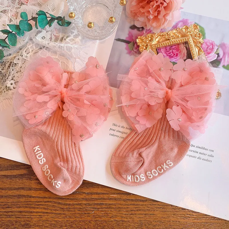 Cute Big Bow Girl In Tube Knitted Cotton Socks - Pink
