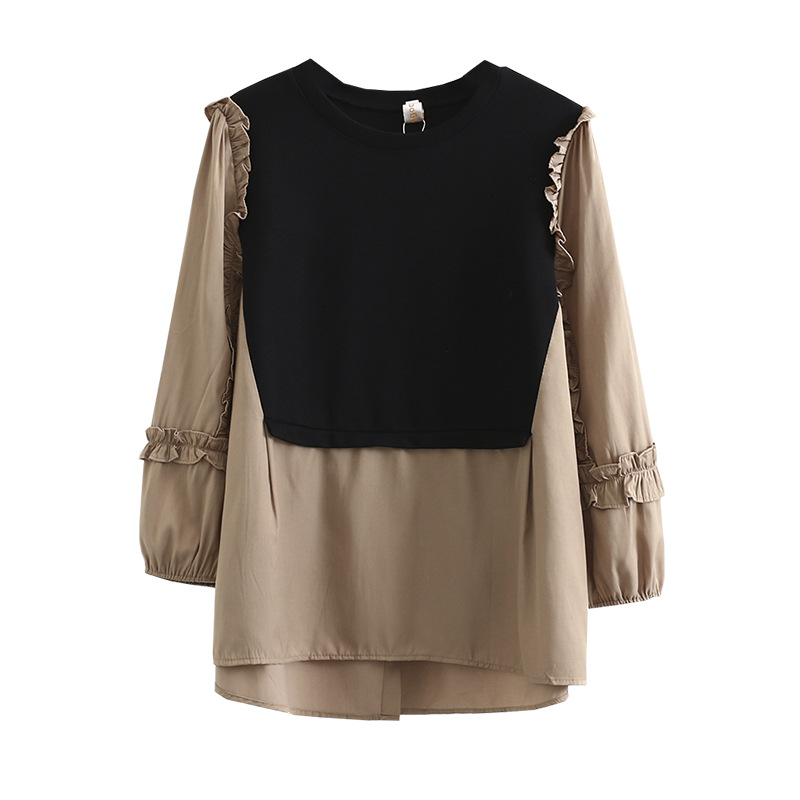 Fake Two Piece Stitching Three-Quarter Sleeve Top With Wooden Ears