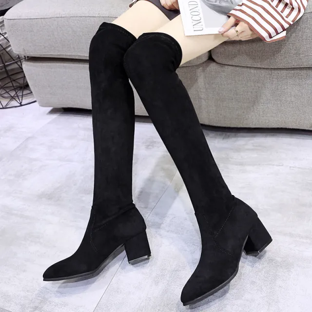 Ladies Mid heel Pointed Thick Heel Long Boots Black - Shop at LoveMi