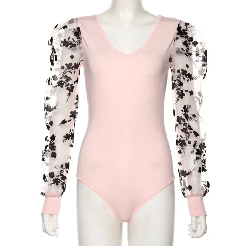 Sexy Round Neck Mesh Puff Sleeve Bodysuit