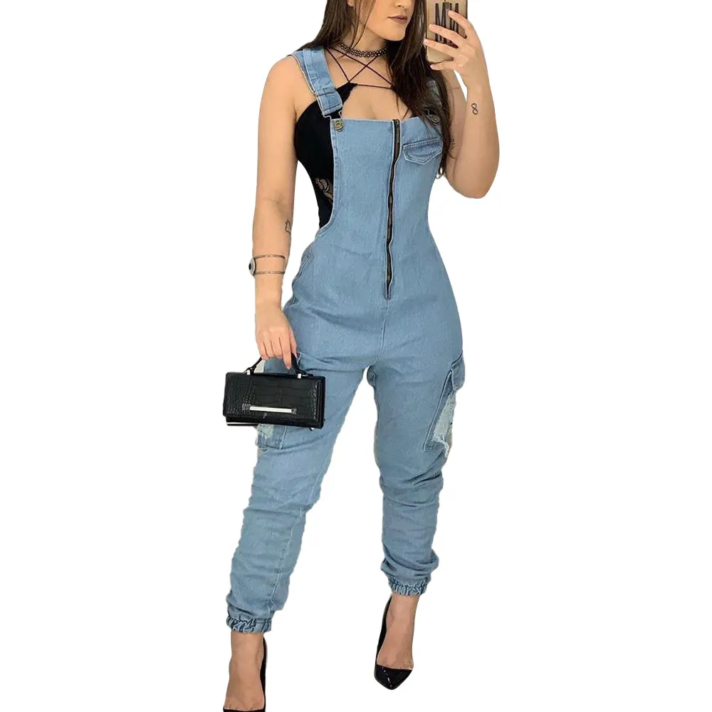 Sexy Fashionable Denim Girl Slim Fit Suspenders Jumpsuit - Light Blue