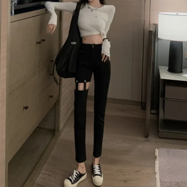 Hollow Tide High Waist Slimming Denim Daddy Pants Women Black - Shop at LoveMi