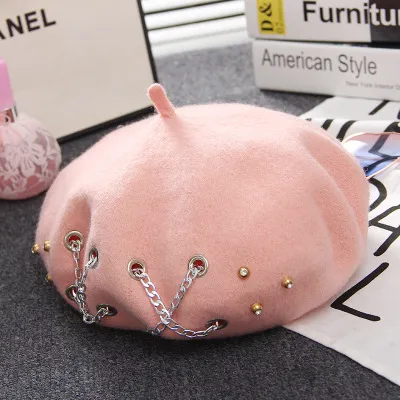 Cross Chain Beret Women Autumn and Winter Wool Rivet Hat British Retro Beret Hat Pink - Shop at LoveMi