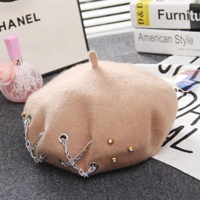 Cross Chain Beret Women Autumn and Winter Wool Rivet Hat British Retro Beret Hat Beige - Shop at LoveMi