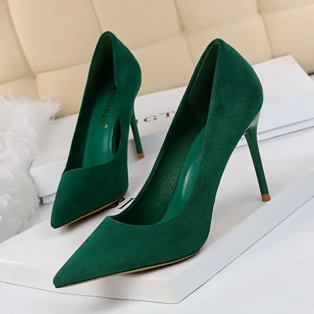Thin Heel High Heel Suede Shallow Mouth Pointed High Heel Shoes Green - Shop at LoveMi