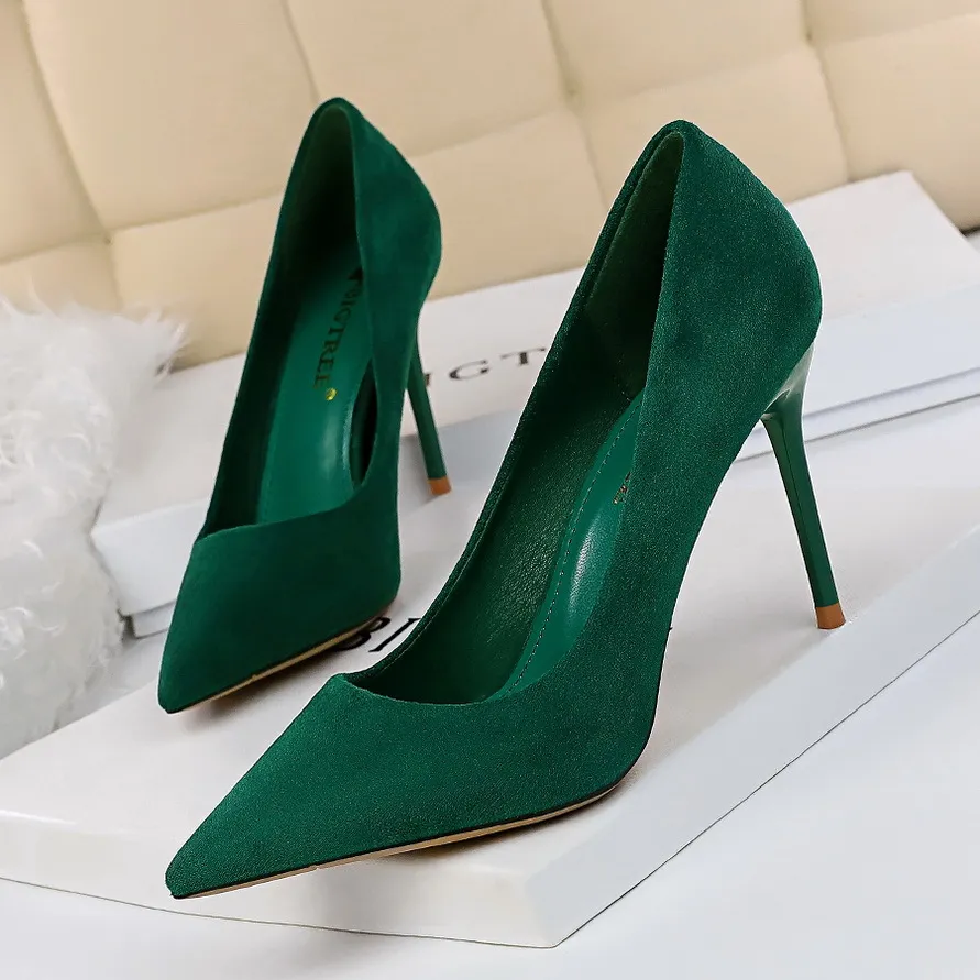 Thin Heel High Heel Suede Shallow Mouth Pointed High Heel Shoes - Green