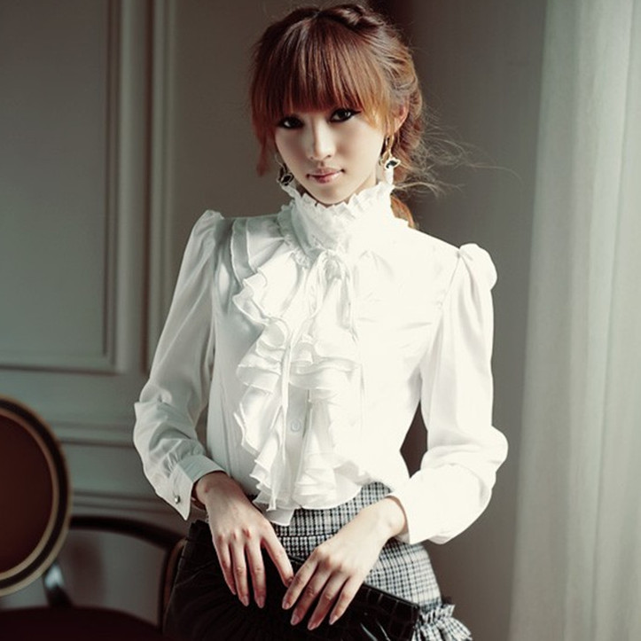 Women's Lotus Leaf Lace Stand Collar Shirt Base White Shirt