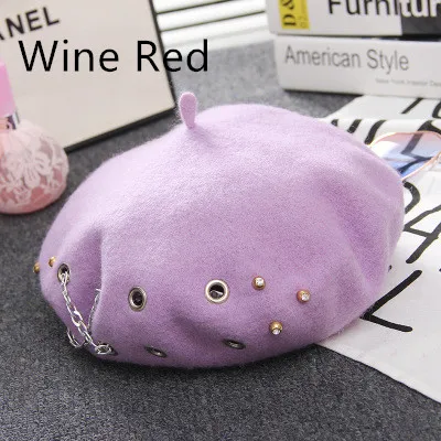 Cross Chain Beret Women Autumn and Winter Wool Rivet Hat British Retro Beret Hat Wine Red - Shop at LoveMi