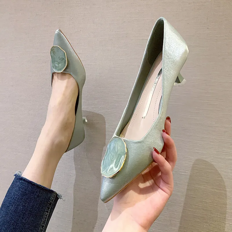 All-match Mid-heel Pointed Shallow Mouth Silk Women's Shoes - Green