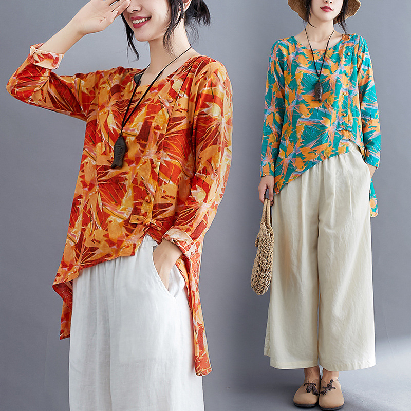 Printed Long Sleeve Round Neck Loose Casual Wide Leg Pants Set