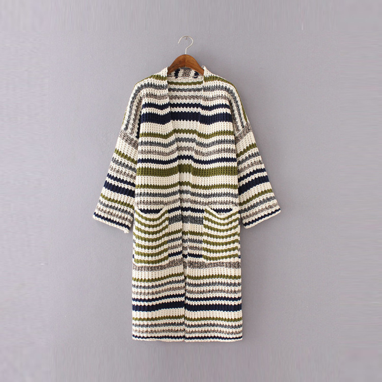 Knitted and Color Striped Double Pocket Mid-length