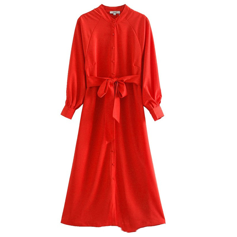American Street Style Mid-Length Red Dress with Waistband
