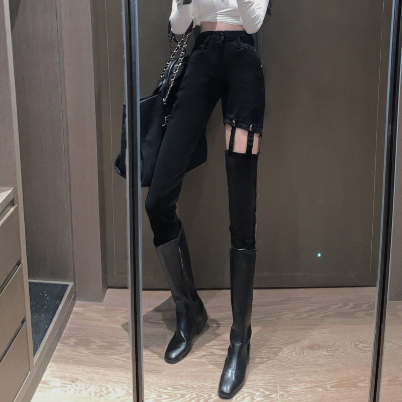 Hollow Tide High Waist Slimming Denim Daddy Pants Women