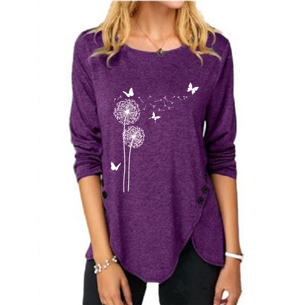 Irregular Button Long Sleeve Round Neck Print T-shirt