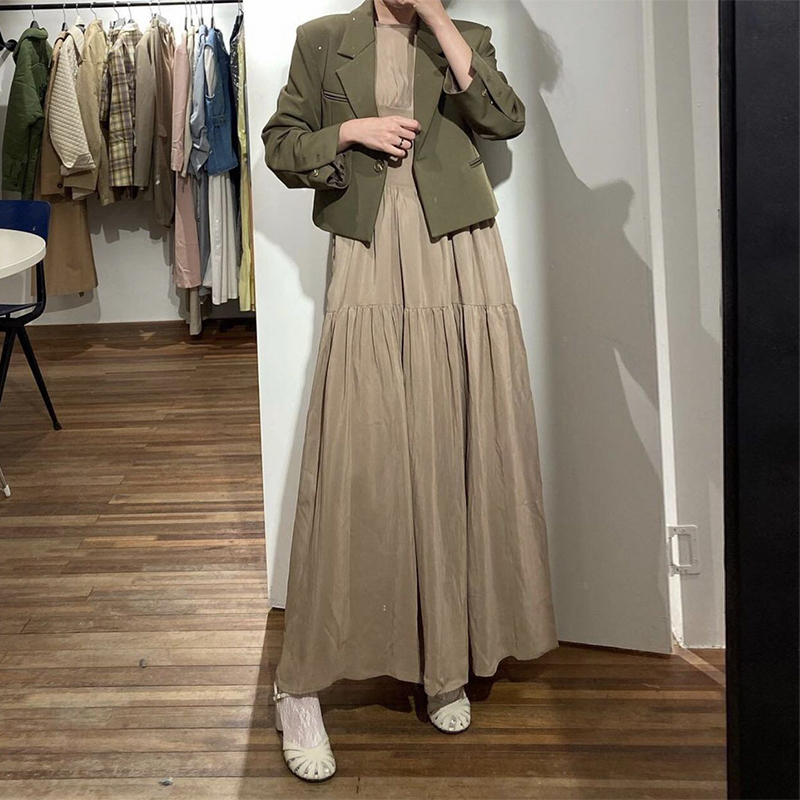 Elegant Round Neck, Glossy Pleated Design, Waist Puff Sleeve All-Match Dress