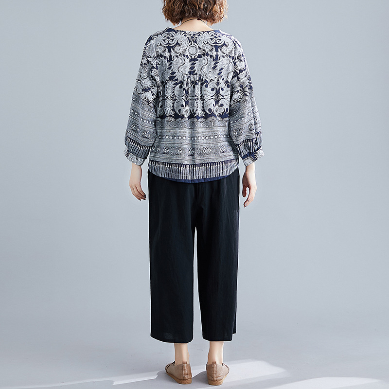 Two-Piece Suit Of Cotton And Linen Printed Top And 9-Point Black Wide-Leg Pants