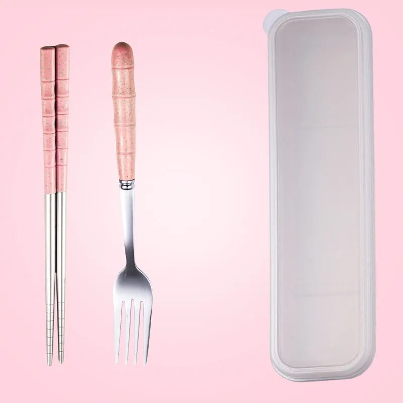 Wheat Straw Stainless Steel Portable Cutlery Set - Pinkb