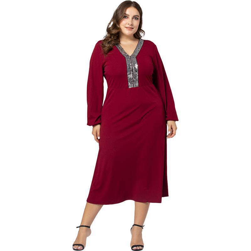 Autumn and Winter Temperament Long-Sleeved V-Neck Large Swing Dress